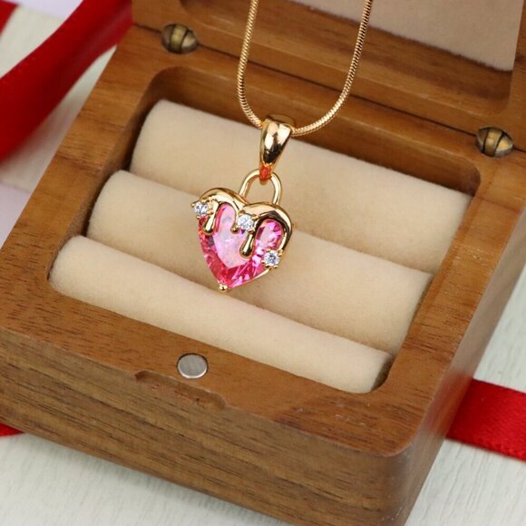 "Heart Drip Pink Pendant in Gold Finish Romantic Charm, XPPT1698 - Picture 8 of 13